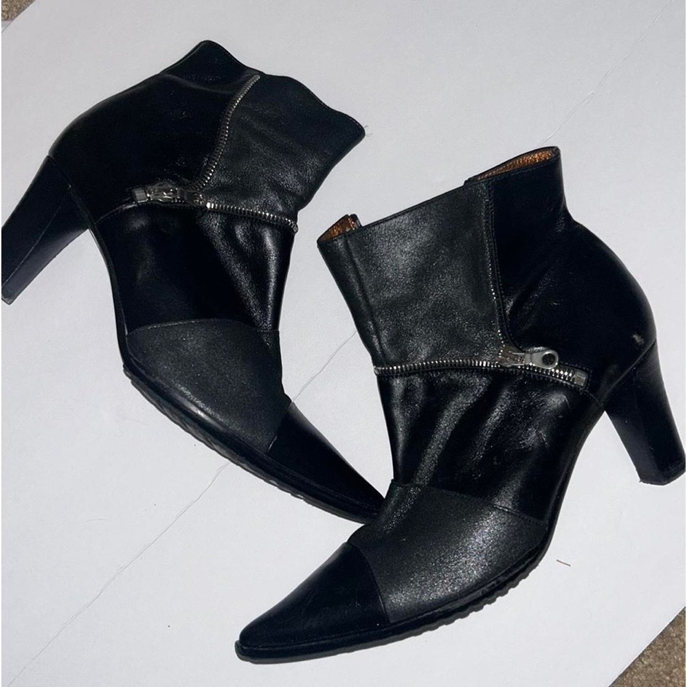 France Mode Women's Black Pointed Toe Leather Ankle Boots Size 38 EU